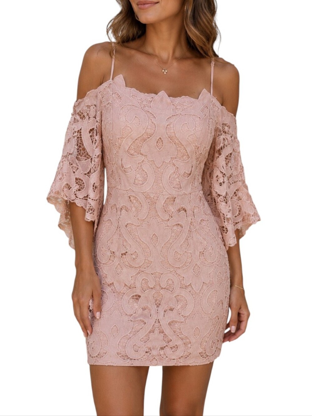 Bardot Dusty Pink Rose Lina Lace Cold Shoulder Cocktail Dress
